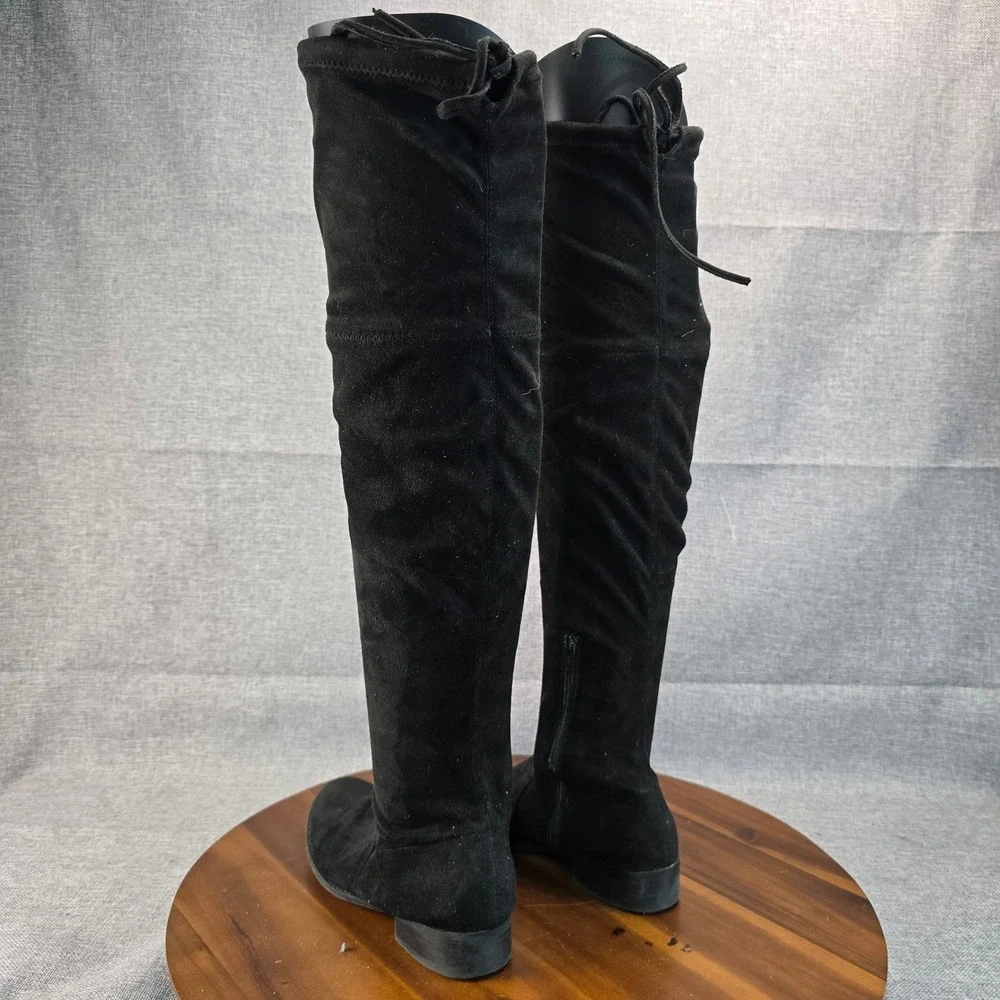 Black Over The Knee Boots Faux Suede Side Zip Tie Back Women Size‎ 8